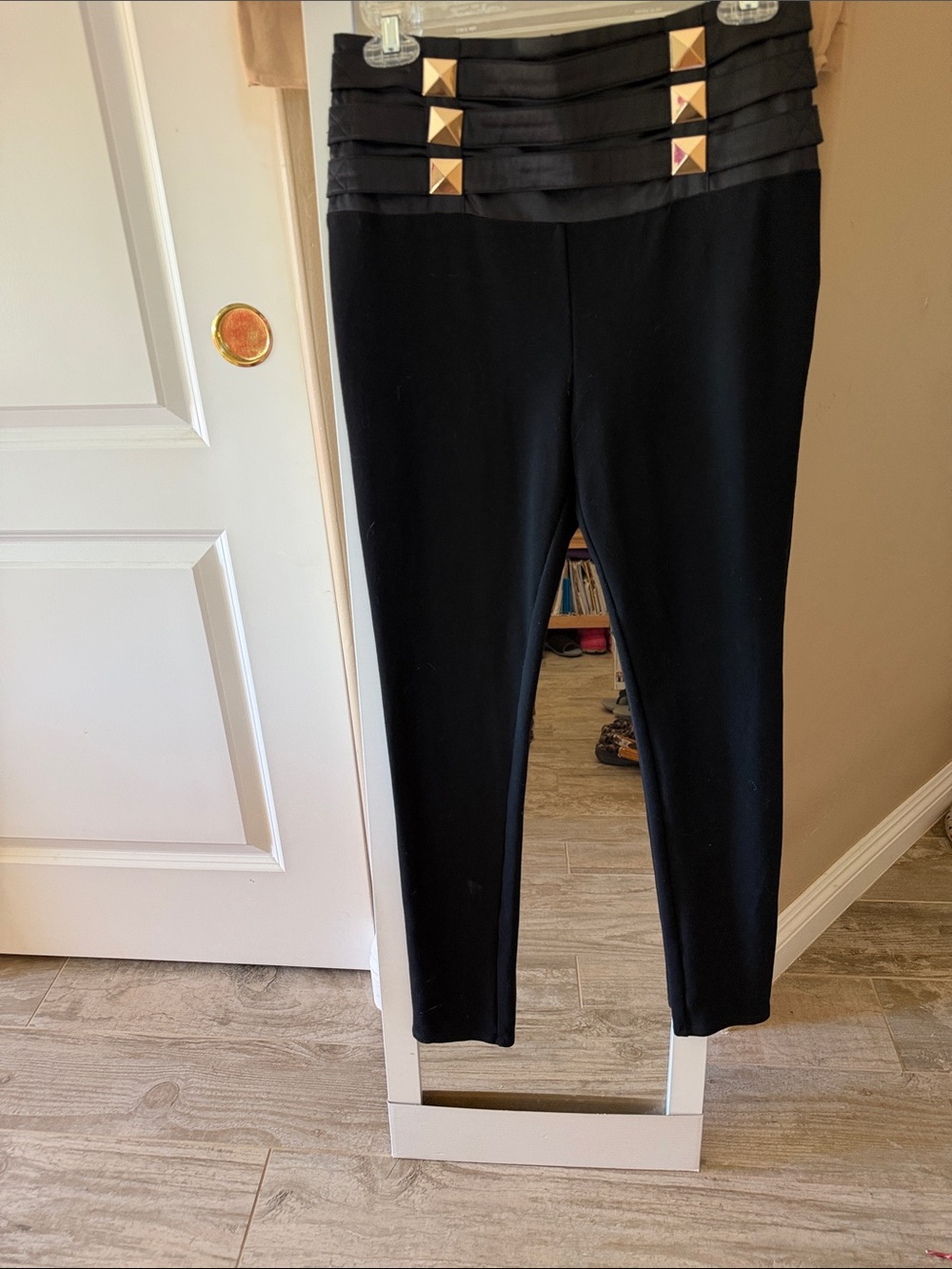 Bebe Black Ponte Pants with Gold Pyramid Studs